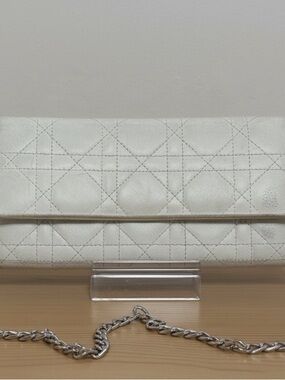 Dior Cannage Lady Dior Off White Leather Wallet with Chain